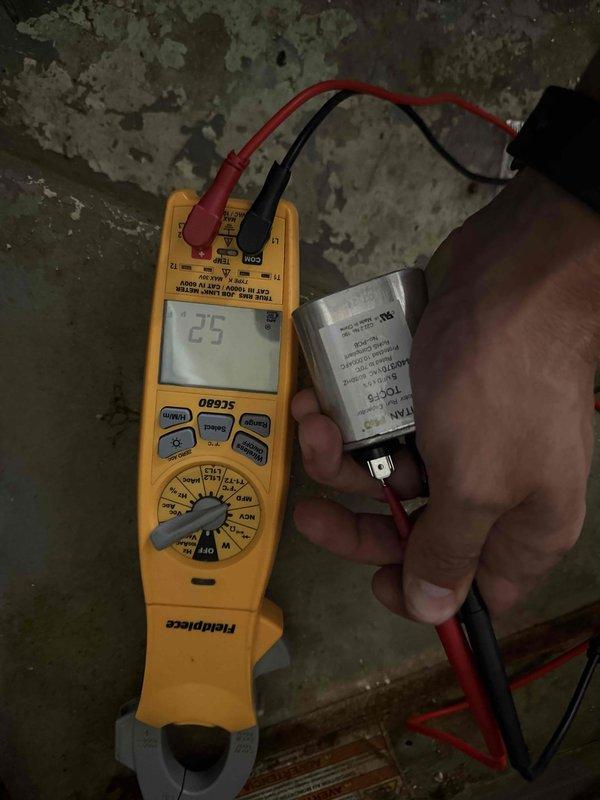 Completed preventative maintenance inspection on cooling system. Verified supply air temperature at 120°F and tested capacitor functionality, measuring 25 microfarads to ensure proper compressor operation. All components operating within normal parameters.