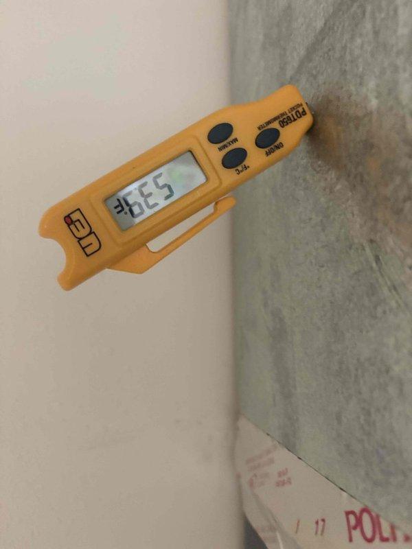 Responded to no cooling complaint on Trane XR16 condenser unit with no power, noise, or unusual odors reported. Upon arrival, performed diagnostic evaluation of outdoor unit and measured system temperatures using digital thermometer. Verified unit specifications, checked electrical connections, and tested condenser operation with diagnostic equipment. System restored to proper cooling operation and left running normally.