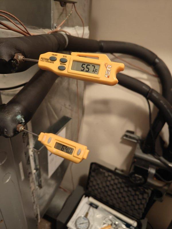 Completed cooling season maintenance on geothermal heat pump system. Inspected air filter showing moderate dust accumulation and documented condition. Measured and recorded system temperatures with supply line at 55.1°F and return line at 83.0°F, indicating proper refrigerant cycle operation and adequate temperature differential for cooling mode.