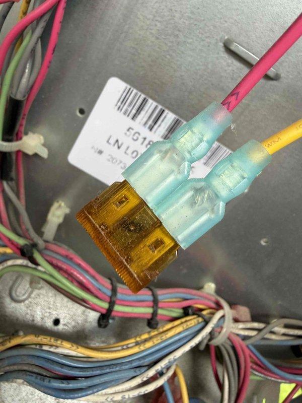 Responded to no cooling complaint for upstairs office unit with reported temperature of 80 degrees. Upon inspection, discovered blown fuse in low voltage control circuit. Replaced defective fuse, restored power to system, and verified proper operation with supply air temperature reading of 63.3°F at ductwork, confirming unit returned to normal cooling function.