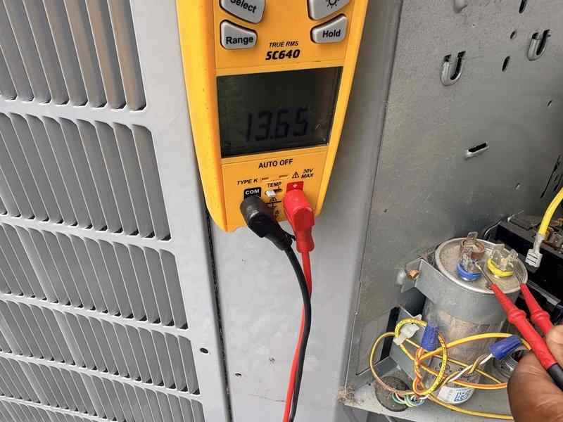 Completed routine cooling maintenance on residential HVAC system. Performed electrical diagnostics using digital multimeter, testing capacitor microfarad ratings and verifying proper voltage readings at outdoor condensing unit. All electrical components tested within manufacturer specifications, system operating normally with no issues found.