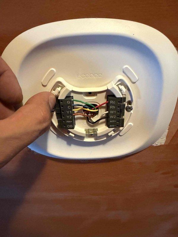 Replaced defective Ecobee smart thermostat under warranty coverage. Disconnected existing unit, transferred all low-voltage wiring connections to new thermostat base including power, heating, cooling, and common wire terminals, then mounted and powered up replacement unit which initialized successfully.
