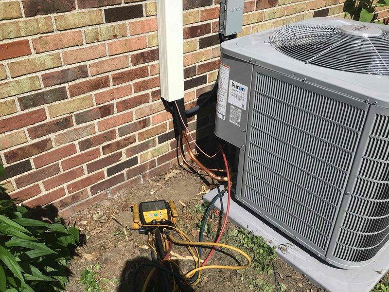 Completed full HVAC system installation including indoor air handler with ductwork connections and outdoor condensing unit. Installed condensate drainage system with PVC piping, mounted all equipment per manufacturer specifications, ran refrigerant lines from outdoor unit to indoor components, and performed system startup with diagnostic testing to verify proper operation and refrigerant charge levels.