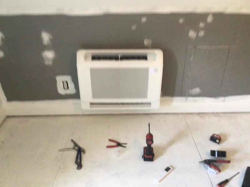 Completed installation of ductless mini-split system with wall-mounted cassette-style indoor air handler unit. Secured unit to interior wall, ran refrigerant lines and condensate drain, made all electrical connections, and tested system operation to ensure proper functionality. Installation finished successfully with unit operational and ready for use.