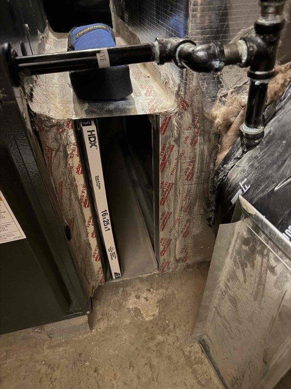 Responded to no cooling call on residential HVAC system with indoor temperature reading 78°F against setpoint of 70°F. Performed diagnostic inspection of air handler unit and associated refrigerant lines in basement utility area. Verified system operation, checked refrigerant line integrity including insulated sections, and inspected ductwork connections. Addressed customer inquiry regarding TurboMax feature from previous residence and explained current system capabilities and features.