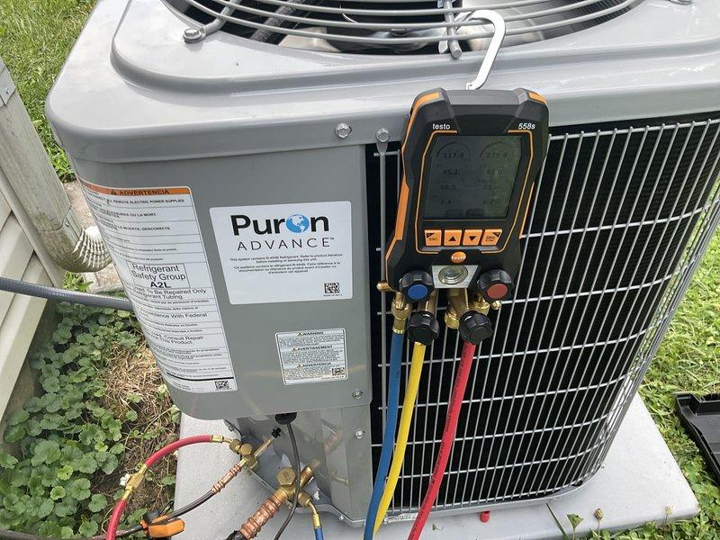 Completed full HVAC system installation including Carrier 26SCA424N003 Comfort Series single-stage air conditioner, CVAVA2414XMA evaporator coil, and TSTATCCEWF-01 Wi-Fi connected smart thermostat. Installed outdoor condensing unit on concrete pad, ran refrigerant lines to indoor evaporator coil, and charged system with Puron refrigerant to manufacturer specifications. Verified proper system operation using digital manifold gauges, confirmed all electrical connections per safety protocols, programmed and connected smart thermostat to Wi-Fi network, and tested complete system functionality including airflow and temperature differentials.