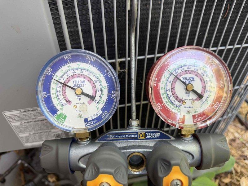 Responded to callback for heat pump system running continuously without reaching setpoint temperature. Replaced air filter and performed thermostat troubleshooting to restore unit operation. Connected manifold gauges to outdoor condensing unit to evaluate refrigerant charge levels and system pressures, documenting readings with photos for further analysis of potential refrigerant deficiency affecting cooling capacity.