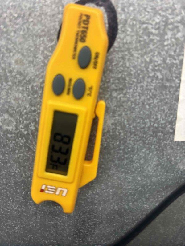 Responded to no cooling complaint with thermostat reading 77 degrees. Upon arrival, performed system diagnostics and temperature measurements at supply and return locations. Supply air temperature measured 53°F and return air temperature measured 33.8°F, indicating system is operating within normal parameters and providing adequate cooling with proper temperature split of approximately 19 degrees across the evaporator coil.