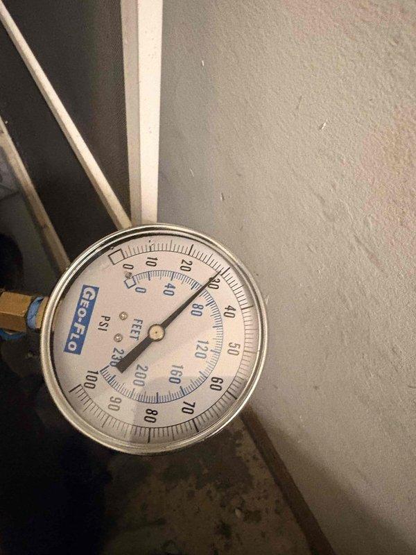 Returned to site for scheduled follow-up to address ongoing system issues. Documented geothermal system pressures using Geo-Flo gauge, which showed approximately 20 PSI during initial reading and 0 PSI on secondary check. Coordinated with technical support to troubleshoot recurring performance problems and determine next steps for system resolution.