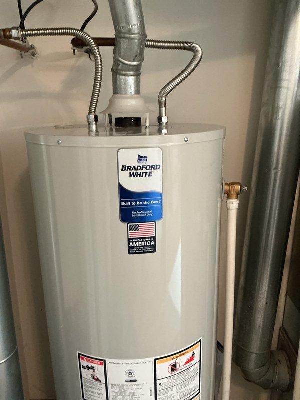 Completed standard installation of a 50-gallon Bradford White gas water heater on the second story of the residence. Installed all necessary water supply connections using galvanized piping, connected flexible gas line with proper fittings and shutoff valve, and established venting through existing ductwork. Performed comprehensive leak testing on all gas connections and water supply lines to ensure system integrity and safe operation.