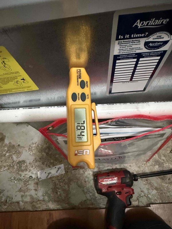 Completed scheduled cooling maintenance on residential HVAC system. Performed comprehensive inspection of furnace unit, blower motor assembly, and ductwork connections. Verified system temperature readings at 78.1°F, checked electrical connections, inspected Aprilaire humidifier component, and confirmed all mechanical components operating within normal parameters.