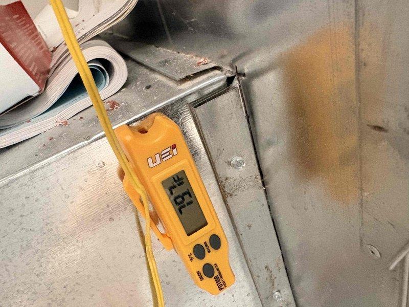 Responded to intermittent no cool complaint on residential air conditioning system. Performed diagnostic evaluation and measured supply air temperature at 37.5°F and return air temperature at 91.7°F, indicating adequate temperature split and proper refrigerant charge. System was operating normally at time of inspection, consistent with intermittent failure pattern reported following previous April repair.