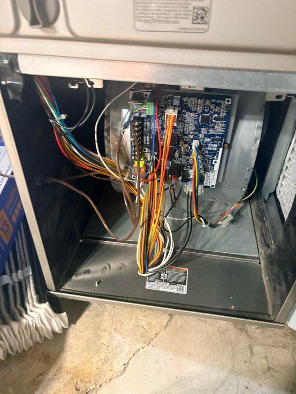 Completed scheduled cooling maintenance on residential HVAC system. Performed comprehensive inspection of furnace and air handler components, including control board, electrical connections, and wiring harnesses. Verified all electrical terminations were secure, inspected heat dissipation components and resistor banks for proper operation, and confirmed control board functionality with all wire connections intact and properly routed.