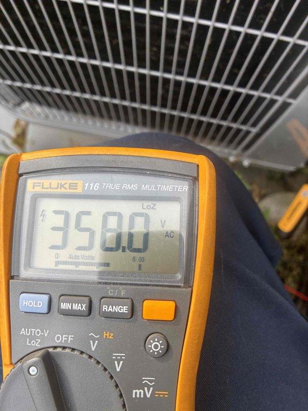 # HVAC Cooling System Maintenance Completed

Performed scheduled cooling system maintenance on residential air conditioning unit. Conducted comprehensive electrical diagnostics using calibrated testing equipment. Measured compressor amperage draw at 64 amps AC using clamp meter, confirming operational parameters within manufacturer specifications. Verified incoming line voltage at 358 volts AC at the condensing unit, indicating proper electrical supply to the system. All electrical measurements recorded normal values with no anomalies detected. System operating efficiently with no immediate service needs identified. Unit cleared for continued operation through cooling season.