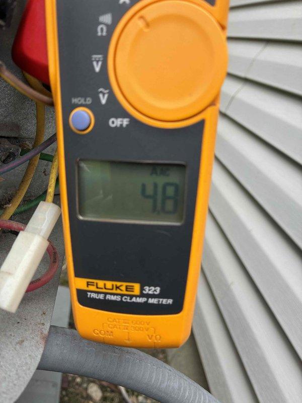 Completed scheduled preventive maintenance on residential cooling system. Performed electrical diagnostics using clamp meter, recording compressor amperage draw of 48 amps and verifying proper voltage readings of 0.5 volts at outdoor unit. Inspected refrigerant lines, electrical connections, and outdoor condensing unit for proper operation. All system components operating within normal parameters with no deficiencies noted.