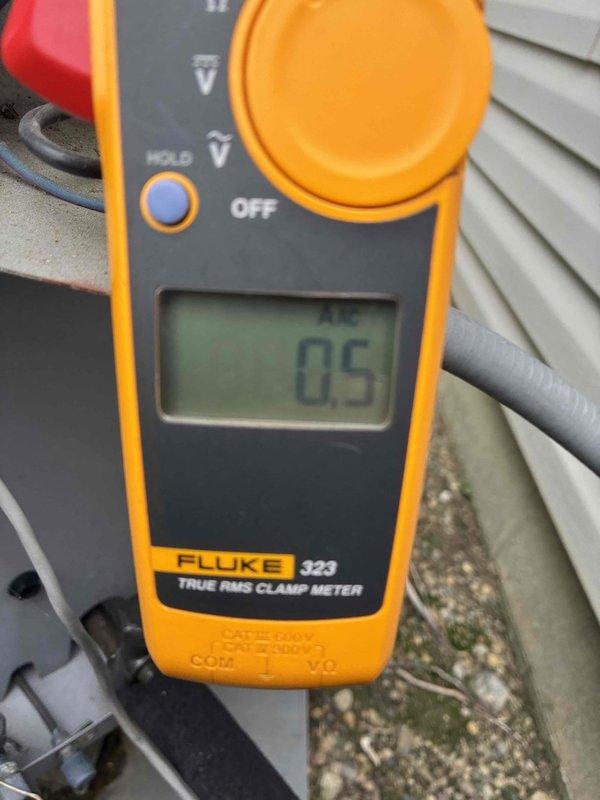 Completed scheduled preventive maintenance on residential cooling system. Performed electrical diagnostics using clamp meter, recording compressor amperage draw of 48 amps and verifying proper voltage readings of 0.5 volts at outdoor unit. Inspected refrigerant lines, electrical connections, and outdoor condensing unit for proper operation. All system components operating within normal parameters with no deficiencies noted.