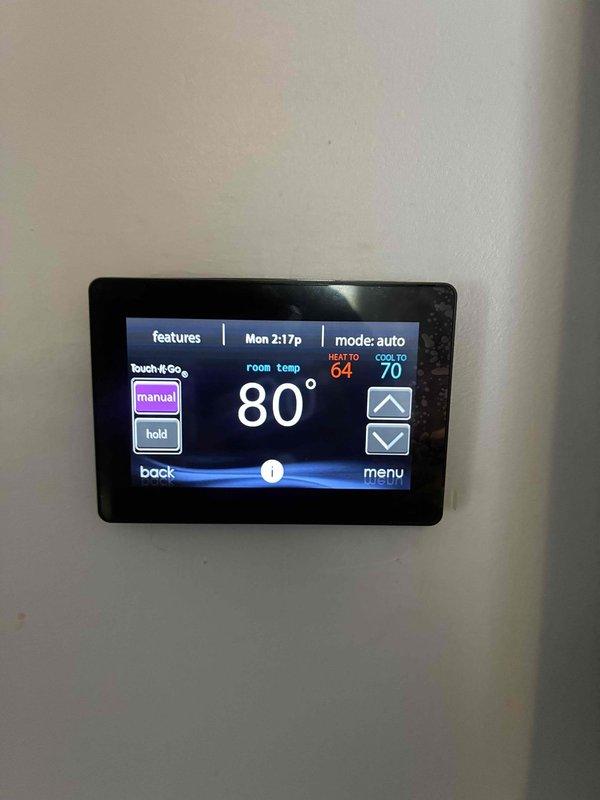 Responded to no-cooling callback on recently installed system with blank thermostat display. Upon arrival, verified thermostat was operational and displaying current temperature of 80°F with system running in auto mode. Reviewed system diagnostics showing AC operating normally with 88.2°F liquid line temperature, 1066 CFM airflow, 1095 RPM indoor fan speed, and 0.93" static pressure—all within acceptable parameters, confirming proper system operation and installation integrity.