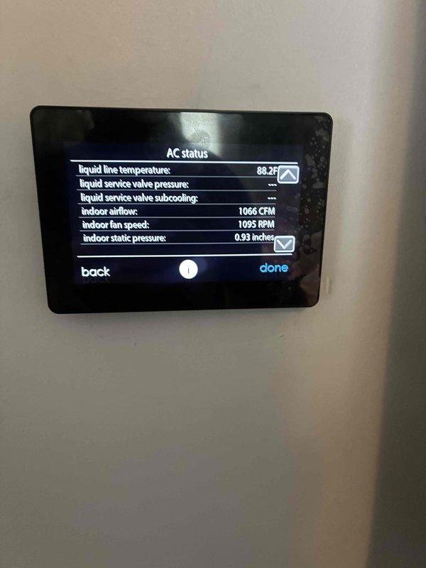 Responded to no-cooling callback on recently installed system with blank thermostat display. Upon arrival, verified thermostat was operational and displaying current temperature of 80°F with system running in auto mode. Reviewed system diagnostics showing AC operating normally with 88.2°F liquid line temperature, 1066 CFM airflow, 1095 RPM indoor fan speed, and 0.93" static pressure—all within acceptable parameters, confirming proper system operation and installation integrity.