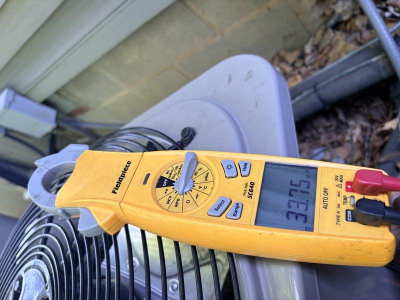 Performed comprehensive cooling system maintenance on residential air conditioning unit. Conducted electrical diagnostics using digital multimeter, recording voltage reading of 33.5V at outdoor condenser unit. Verified thermostat operation and system controls, confirmed proper communication between indoor Cor smart thermostat and outdoor equipment, and completed standard preventive maintenance procedures to ensure optimal cooling performance for the upcoming season.