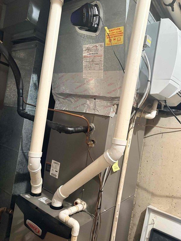 Completed scheduled cooling maintenance on residential HVAC system including indoor air handler unit and outdoor condenser. Performed comprehensive inspection of both units, verified proper operation of all components, checked refrigerant lines and connections, inspected condensate drain system with PVC piping, and confirmed adequate airflow through both indoor and outdoor units. All equipment found operating within normal parameters with no issues identified.