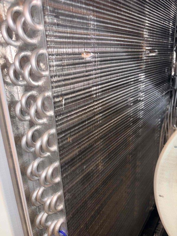 Completed annual cooling maintenance on residential HVAC system. Performed diagnostic testing of refrigerant lines using digital meter, inspected foam-insulated line sets and PVC condensate drainage for proper operation. Inspected evaporator coil and heat exchanger, noting dust and debris accumulation on finned surfaces and U-bend tubes; system components showing normal wear consistent with regular operation. All measurements recorded within acceptable parameters, and membership renewal processed on-site.