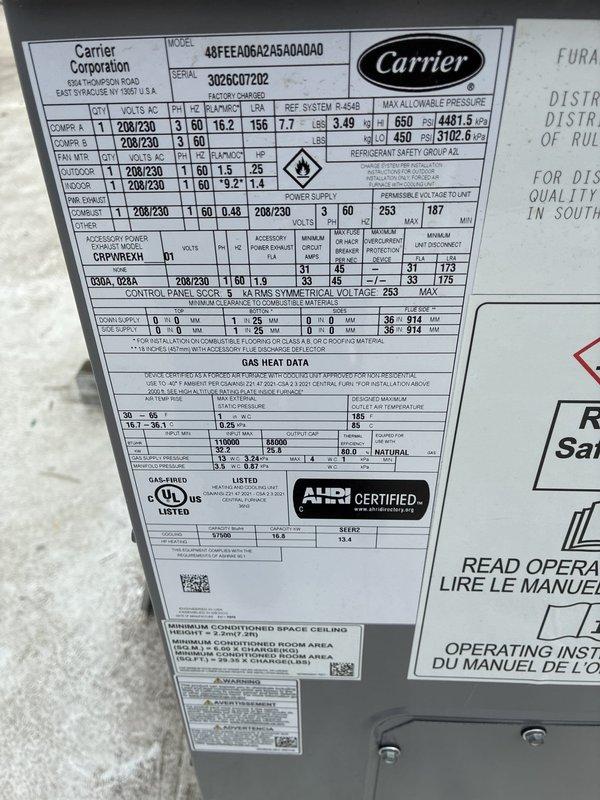 Successfully completed installation of two Carrier 4-ton gas rooftop package units (RTUs) for a commercial facility. Utilized crane service to position both units onto existing roof curbs, reconnected all existing ductwork, and restored high and low voltage electrical connections including thermostats and control systems. Removed and properly disposed of old equipment, performed all startup procedures, and verified proper system operation with full 5-year parts and 1-year labor warranty coverage.