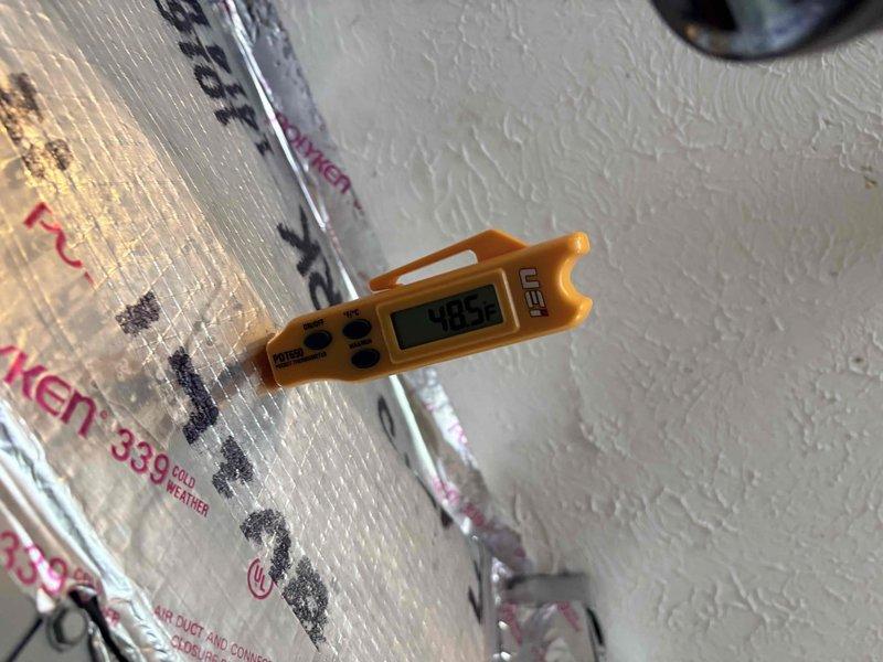 Completed annual cooling maintenance on Carrier Infinity system. Inspected air handler unit, verified proper operation of all components, checked refrigerant lines and gas connections for integrity, and measured supply air temperature at 98.5°F. All ductwork insulation, condensate drain lines, and system components found in good operating condition with no deficiencies noted.