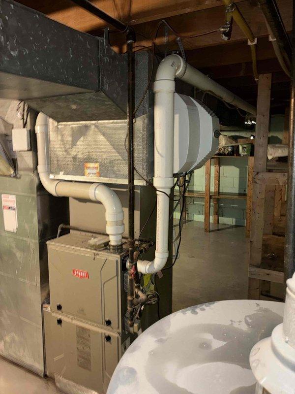 Conducted comprehensive assessment of existing HVAC system and water heating equipment for replacement estimate. Documented current Bryant furnace installation with associated PVC venting system, supply and return ductwork configuration, and electrical connections in basement mechanical room. Evaluated Rheem Performance Plus water heater condition, copper supply piping, gas connections, and venting arrangement. Captured detailed photographs of equipment specifications, clearances, existing utility connections, and installation space to develop accurate replacement proposal for complete system upgrade.
