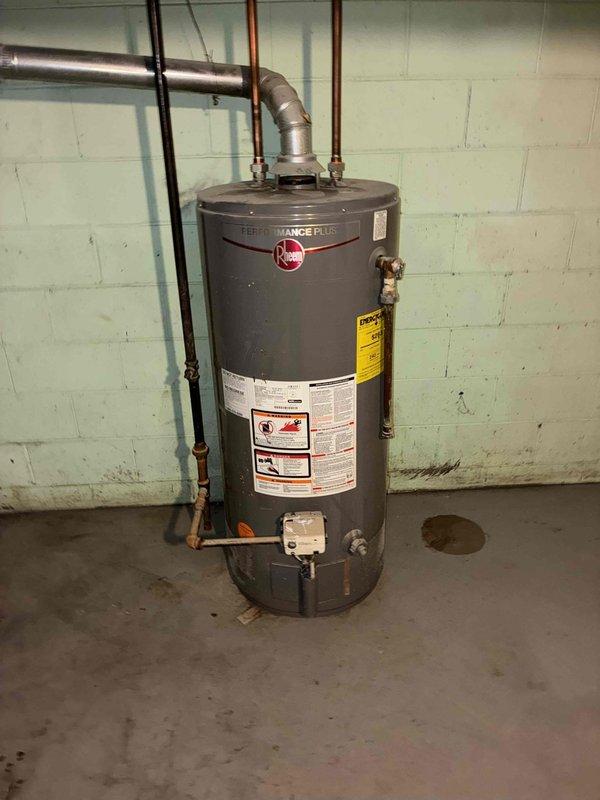 Conducted comprehensive assessment of existing HVAC system and water heating equipment for replacement estimate. Documented current Bryant furnace installation with associated PVC venting system, supply and return ductwork configuration, and electrical connections in basement mechanical room. Evaluated Rheem Performance Plus water heater condition, copper supply piping, gas connections, and venting arrangement. Captured detailed photographs of equipment specifications, clearances, existing utility connections, and installation space to develop accurate replacement proposal for complete system upgrade.