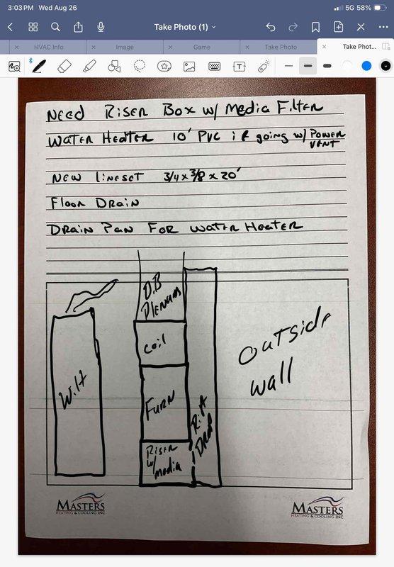 Completed comprehensive estimate for full HVAC system replacement including furnace, air conditioning unit, and water heater. Documented existing equipment layout and developed installation plan requiring riser box with media filter, new lineset (3/4" x 3/8" x 20'), floor drain accommodation, and drain pan for water heater. Measured and assessed ductwork configuration, noting 10' PVC requirement for power vent water heater installation along outside wall.