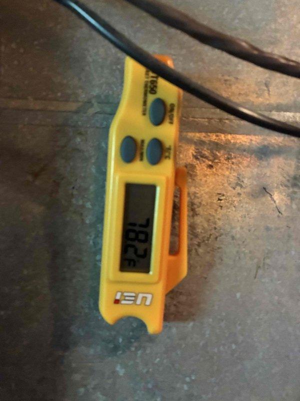 Responded to callback for thermostat not cooling below 80 degrees. Upon arrival, performed diagnostic testing using digital measurement tools to verify system temperatures and pressures. Previous repairs had been completed recently, so focused troubleshooting on thermostat functionality and system communication. Verified system operation and temperature readings throughout the unit to identify the source of the temperature control issue.