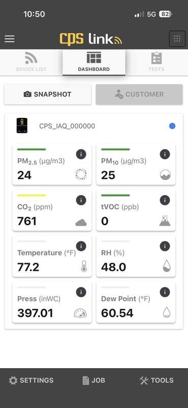 Responded to indoor air quality concerns regarding potential mold contamination in two rooms of commercial facility. Conducted comprehensive air quality testing using calibrated IAQ monitoring equipment, measuring particulate matter (PM2.5 at 24 μg/m3, PM10 at 25 μg/m3), carbon dioxide levels (761 ppm), total volatile organic compounds (0 ppb), temperature (77.2°F), relative humidity (48.0%), and dew point (60.54°F). All readings indicated acceptable indoor air quality parameters with particulate matter and CO2 levels within normal ranges, no detectable VOCs present, and humidity levels appropriate for the space, suggesting no immediate air quality concerns in tested areas.