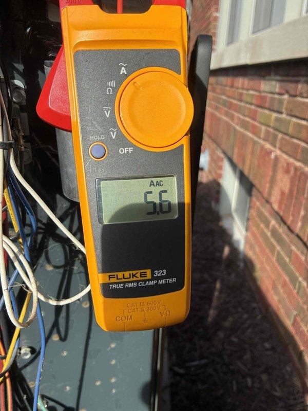 Responded to service call for furnace electrical issues. Upon arrival, performed electrical diagnostics using clamp meter to measure amperage and voltage at the unit. Readings indicated 56 AAC with additional measurements taken to verify proper electrical supply and component operation, successfully identifying the source of the electrical concern.