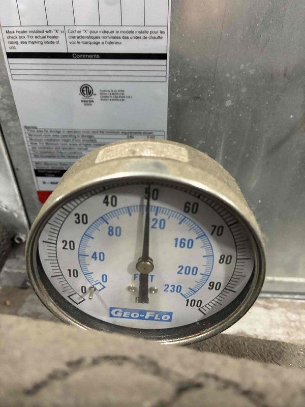Completed cooling maintenance on six commercial geothermal units in response to reported noise concerns from one of the systems. Performed comprehensive system diagnostics including pressure testing with Geo-Flo gauges showing 0 PSI readings, and temperature measurements recording 123.8°F at refrigerant lines. Inspected all geothermal heat pumps, checked refrigerant pressures, examined electrical connections, and verified proper operation of all six units with no abnormal noise detected during service visit.