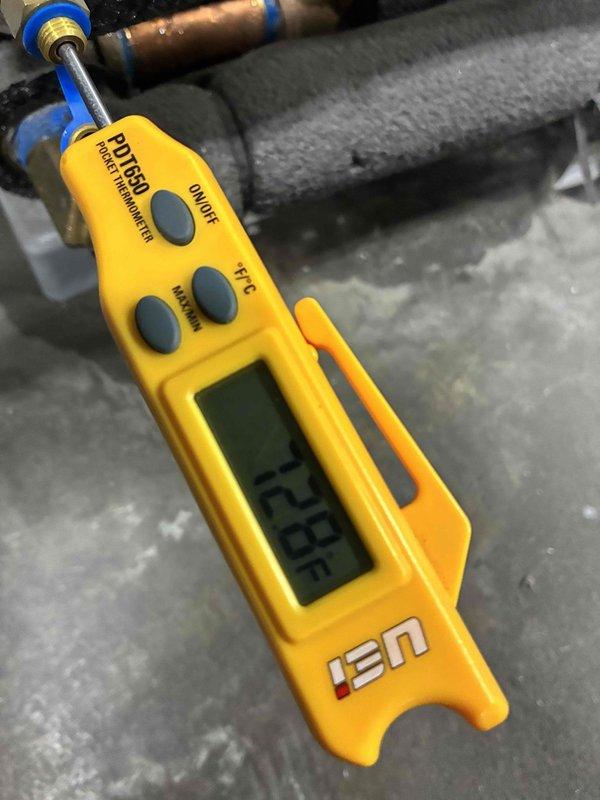 Completed cooling maintenance on six commercial geothermal units in response to reported noise concerns from one of the systems. Performed comprehensive system diagnostics including pressure testing with Geo-Flo gauges showing 0 PSI readings, and temperature measurements recording 123.8°F at refrigerant lines. Inspected all geothermal heat pumps, checked refrigerant pressures, examined electrical connections, and verified proper operation of all six units with no abnormal noise detected during service visit.