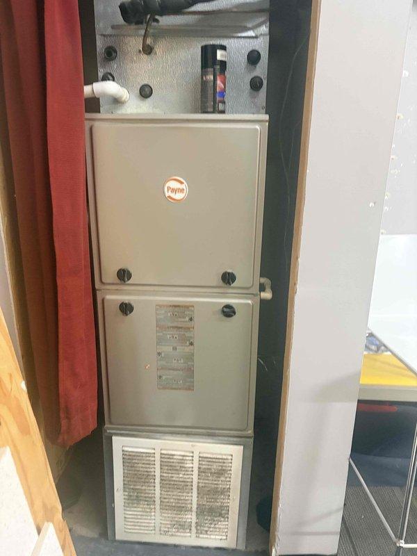 Conducted on-site equipment assessment of residential HVAC system to document specifications for maintenance plan proposal. Inspected and photographed Payne brand vertical furnace unit, including model and rating plate information, air handler configuration, and ductwork installation. Verified system components, airflow direction, condensate drainage, and overall equipment condition in utility closet installation.