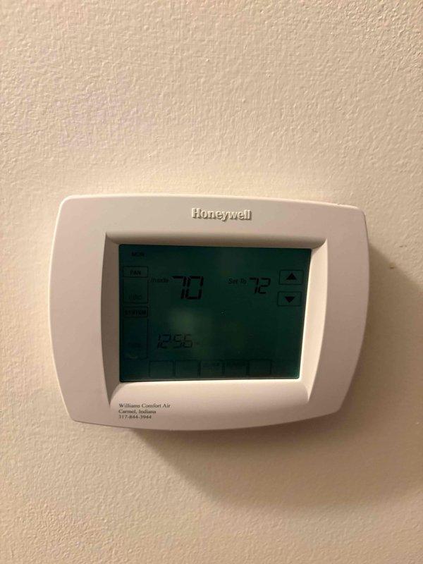 Completed first cooling maintenance service on residential HVAC system with Carrier furnace and Honeywell programmable thermostat. Performed comprehensive system inspection, verified thermostat operation and temperature differential, inspected furnace cabinet and ductwork connections, and documented equipment condition with all components operating within normal parameters.