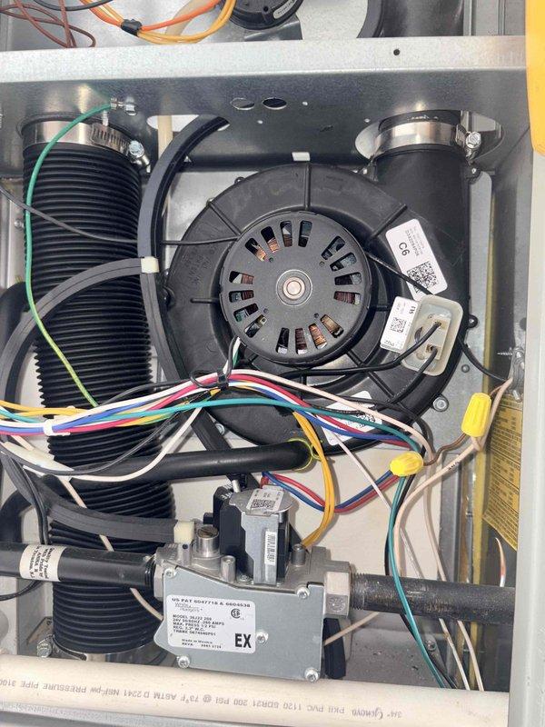 Completed scheduled heating maintenance on residential HVAC system. Performed comprehensive inspection of blower motor assembly, electrical control board, gas valve, and all associated wiring connections. Verified proper operation of blower motor, checked all wire terminals and connections for security, inspected pressure switches and safety controls. Confirmed gas valve operation and electrical connections, examined ductwork and hose clamps for proper sealing. All components found operating within normal parameters, system tested and left in proper working condition.