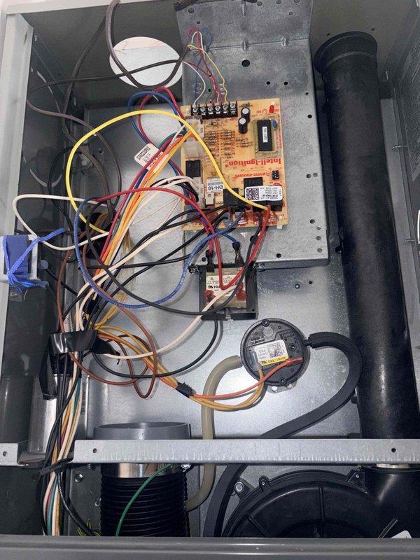 Completed scheduled heating maintenance on residential HVAC system. Performed comprehensive inspection of blower motor assembly, electrical control board, gas valve, and all associated wiring connections. Verified proper operation of blower motor, checked all wire terminals and connections for security, inspected pressure switches and safety controls. Confirmed gas valve operation and electrical connections, examined ductwork and hose clamps for proper sealing. All components found operating within normal parameters, system tested and left in proper working condition.