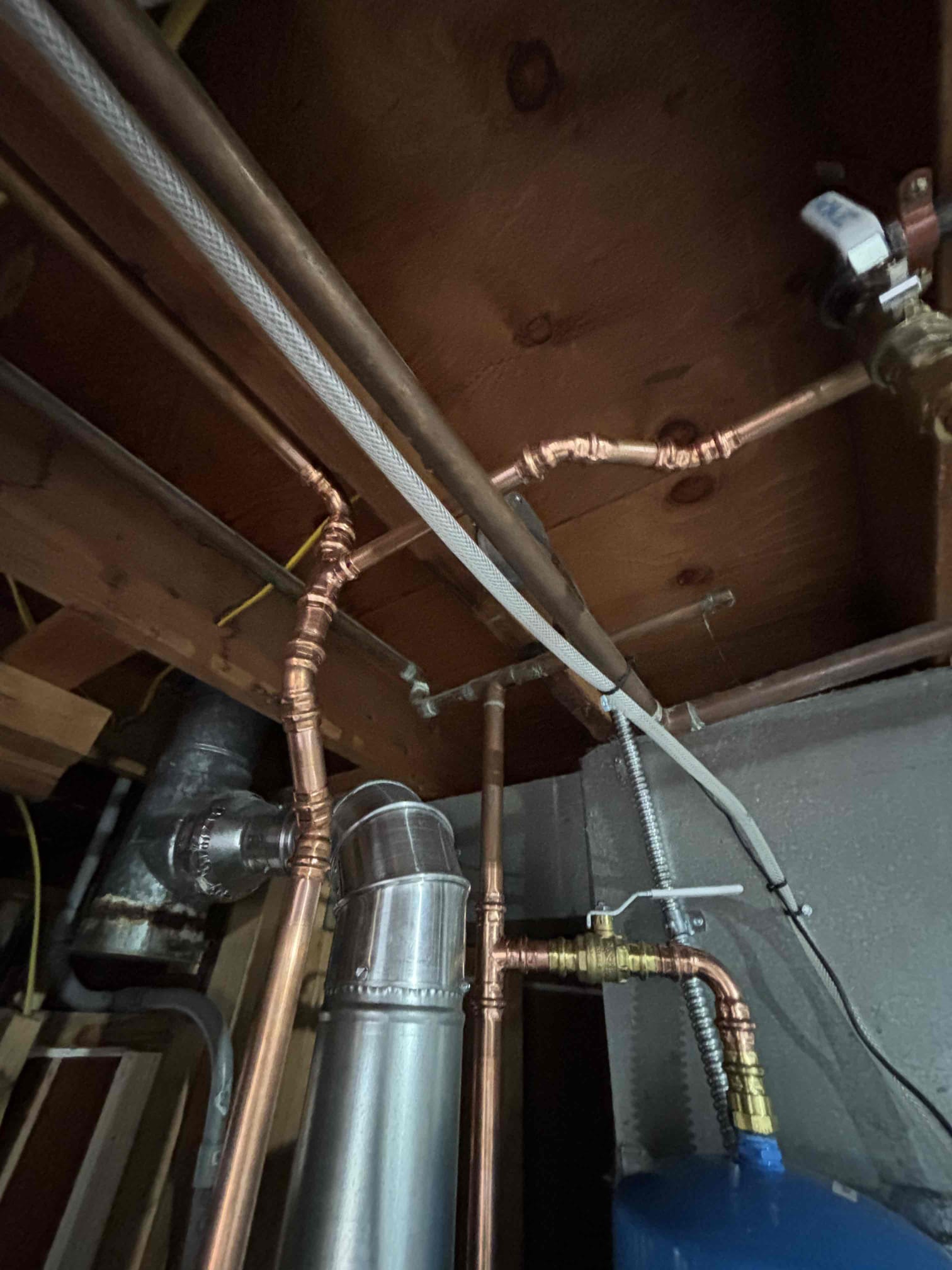 Installed 50gal standard vent Bradford white water heater. Upsized venting to 4” back to chimney. New cold water supply ball valve and expansion tank. New gas valve and line. All tested and no leaks, heater fires perfectly. 