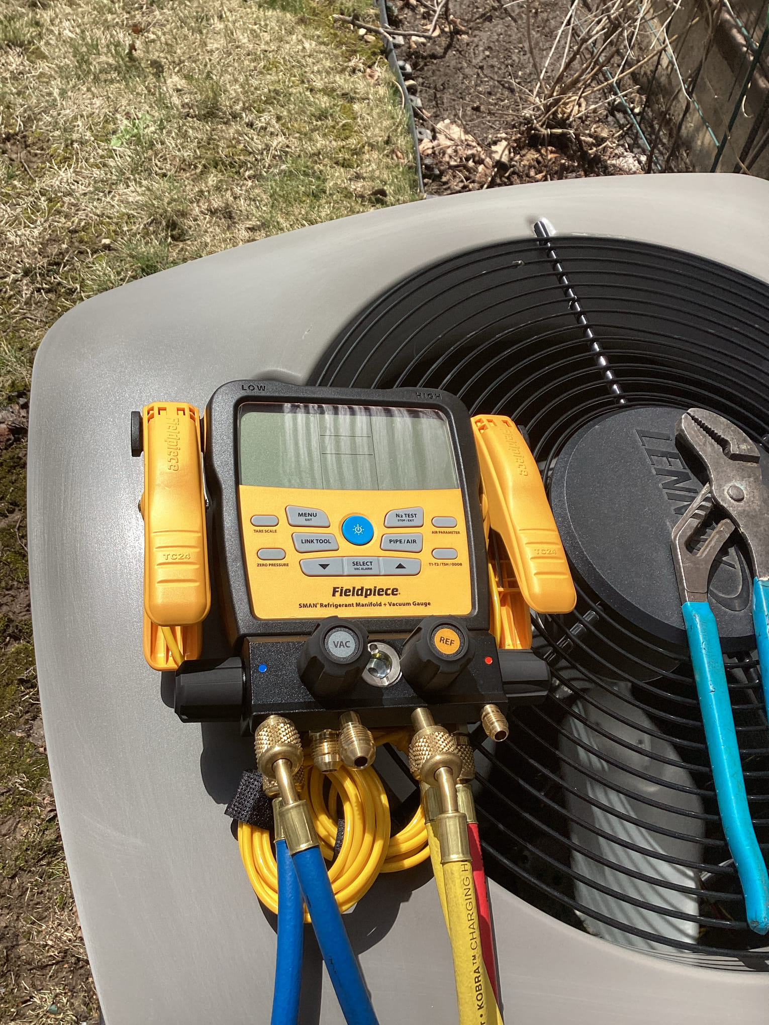 Ac tune up. Deep cleaned outdoor coil. Very dirty. Contractor pitted and will fail inevitably. Replaced under warranty. All other components check out ok. Charge is good. Cycled unit on/off. System is happy. Customer would like a quote on replacing broken hose bib and main shut off valve.