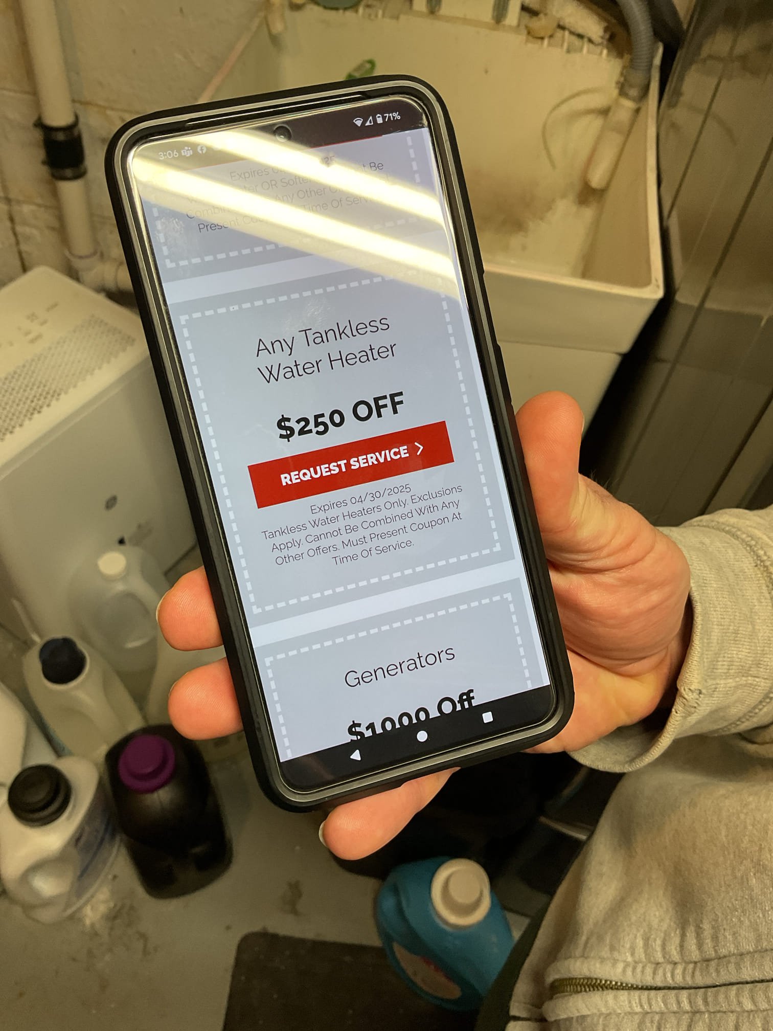 Installed Rinnai 199k btu tankless water heater. New pvc exhaust and fresh air intake, customer wanted to use old dryer vent hole, did so best I could. New condensate drain in cpvc to utility sink. Tested no leaks, set to 120 degrees. 