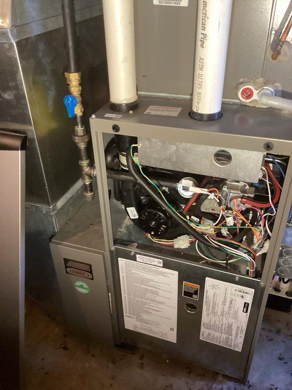 Performed scheduled bi-annual maintenance on two furnaces (LP and oil) under Reward membership agreement. Gas furnace in main residence inspected and functioning properly with all systems verified operational. Oil furnace in rental property serviced including nozzle cleaning; however, unit flame deteriorated after approximately five minutes of operation and extinguished. Fuel sample revealed significant water contamination in oil tank. Recommended customer contact fuel supplier for tank replacement and fresh fuel delivery, after which a follow-up service will be required to replace nozzle, oil filter, and perform system flush.