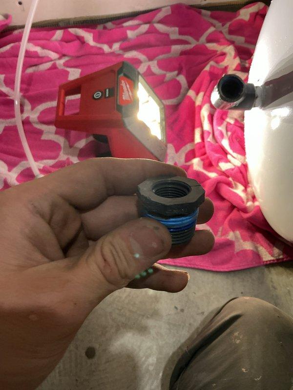 Responded to emergency service call for RO system installed previous day that was actively leaking from the unit. Upon inspection, determined the plastic fitting on the RO tank had cracked due to overtightening during installation. Temporarily secured the leak and submitted parts order for replacement tank fitting.