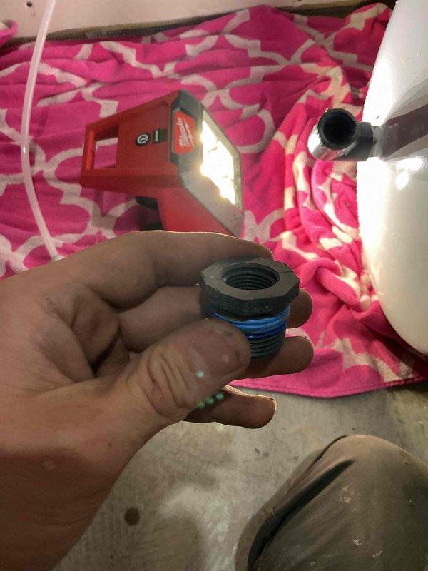 Responded to emergency service call for RO system installed previous day that was actively leaking from the unit. Upon inspection, determined the plastic fitting on the RO tank had cracked due to overtightening during installation. Temporarily secured the leak and submitted parts order for replacement tank fitting.