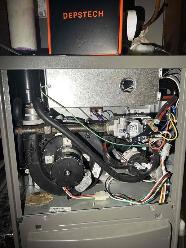 Performed annual furnace tune-up on 3-year-old Lennox forced air system (Model GX35-30B-6F-20). Found gas valve pressure reading low at 4.6" WC, adjusted down to 1.7" WC. Tested high stage operation after 10-minute wait; attempted to adjust to manufacturer-specified 3.5" WC but valve would not respond to adjustment. Submitted parts request for replacement gas valve as unit appears to be under warranty.