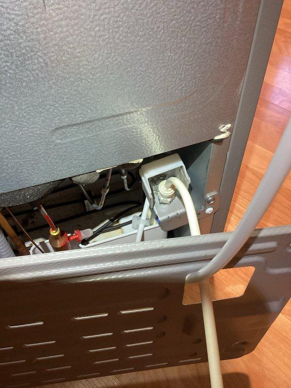 Successfully installed a new ice maker water supply line with proper shut-off valve in customer's home. Replaced the complete two-piece set including shut-off and supply line to ensure proper connection and prevent potential leaks. Installation provides emergency water shutoff capability directly at the source.