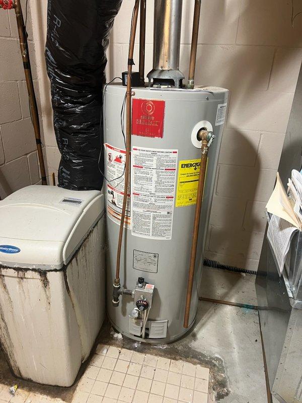 Responded to no hot water call for 20-year-old 40-gallon natural gas water heater. Diagnosed unit as failed with active leak (confirmed corrosion and rust in tank), as well as separate leak from adjacent water softener system. Provided replacement options for both failed units.