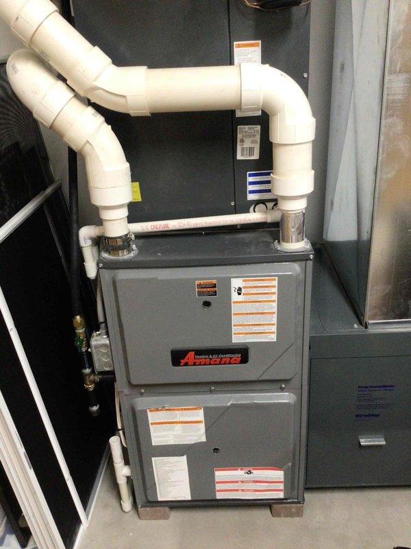Performed scheduled bi-annual furnace maintenance on two Amana units. Services included cleaning flame sensor, testing electrical components, verifying clear drain lines, and conducting combustion analysis (CO 25P, CO2 9.0%, XAIR 52.8%) - all readings within specifications. Filter was relatively new and did not require replacement. Both furnaces are operating properly with no issues detected.
