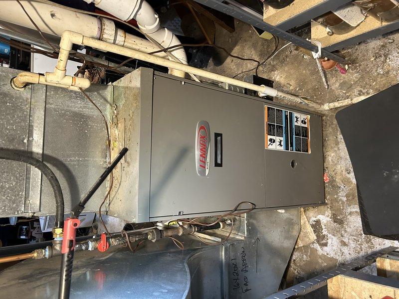 Performed inspection on 25-30 year old Lennox forced air furnace that had been unused for several years while homeowner primarily heated with wood stove. Found evidence of rodent infestation in heat exchanger and significant component damage. Determined replacement of heat exchanger, igniter, flame sensor, and burners necessary before system can safely operate. Advised customer that additional issues may be discovered after initial repairs are completed.